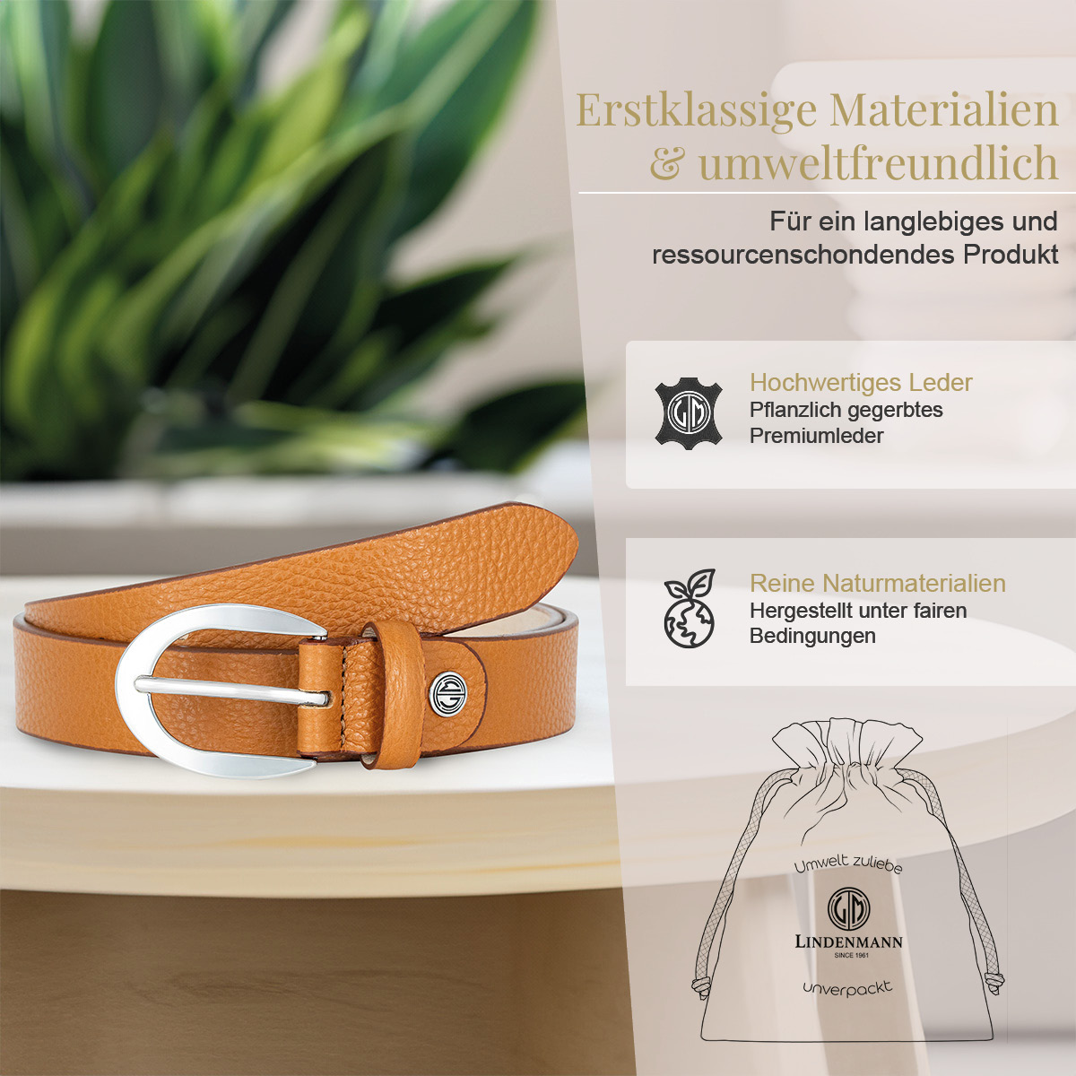 LINDENMANN Vollrindleder Damengürtel Cognac
