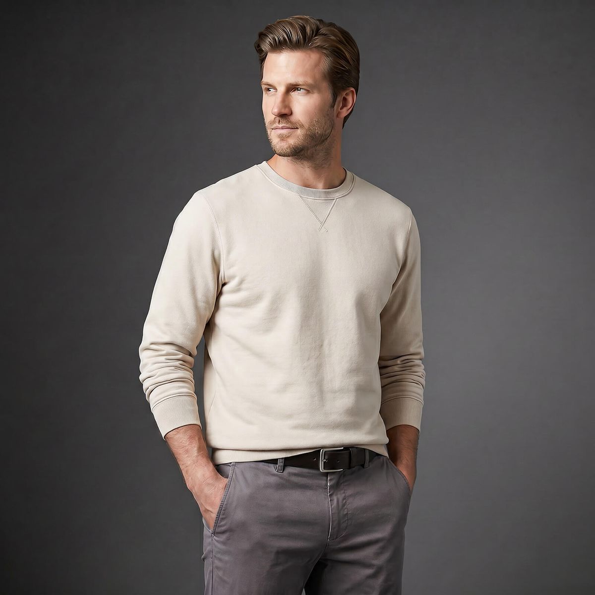 Herrenpullover, Sweatshirt, Beige, Rundhals, Langarm, LINDENMANN Vollrindledergürtel Herren Schokoladenbraun