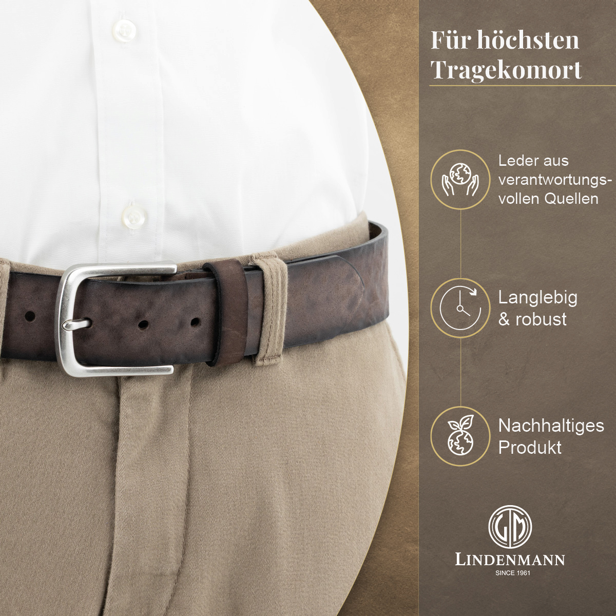 LINDENMANN Herrengürtel aus 100% Vollrindleder dunkelbraun
