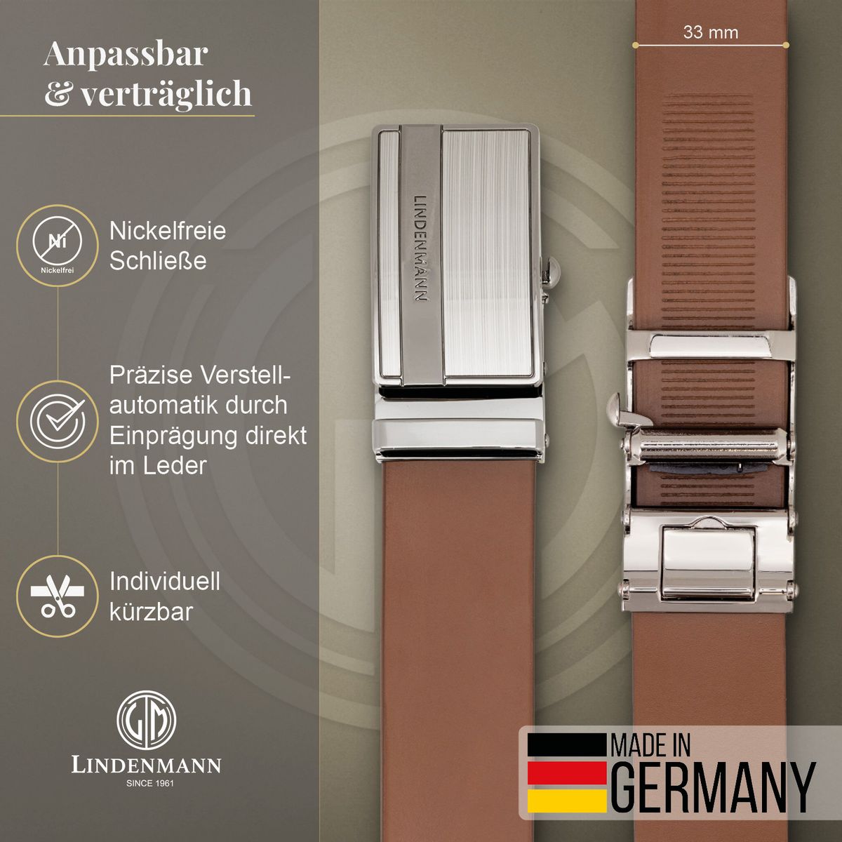 LINDENMANN Ledergürtel Automatikgürtel Herren cognac