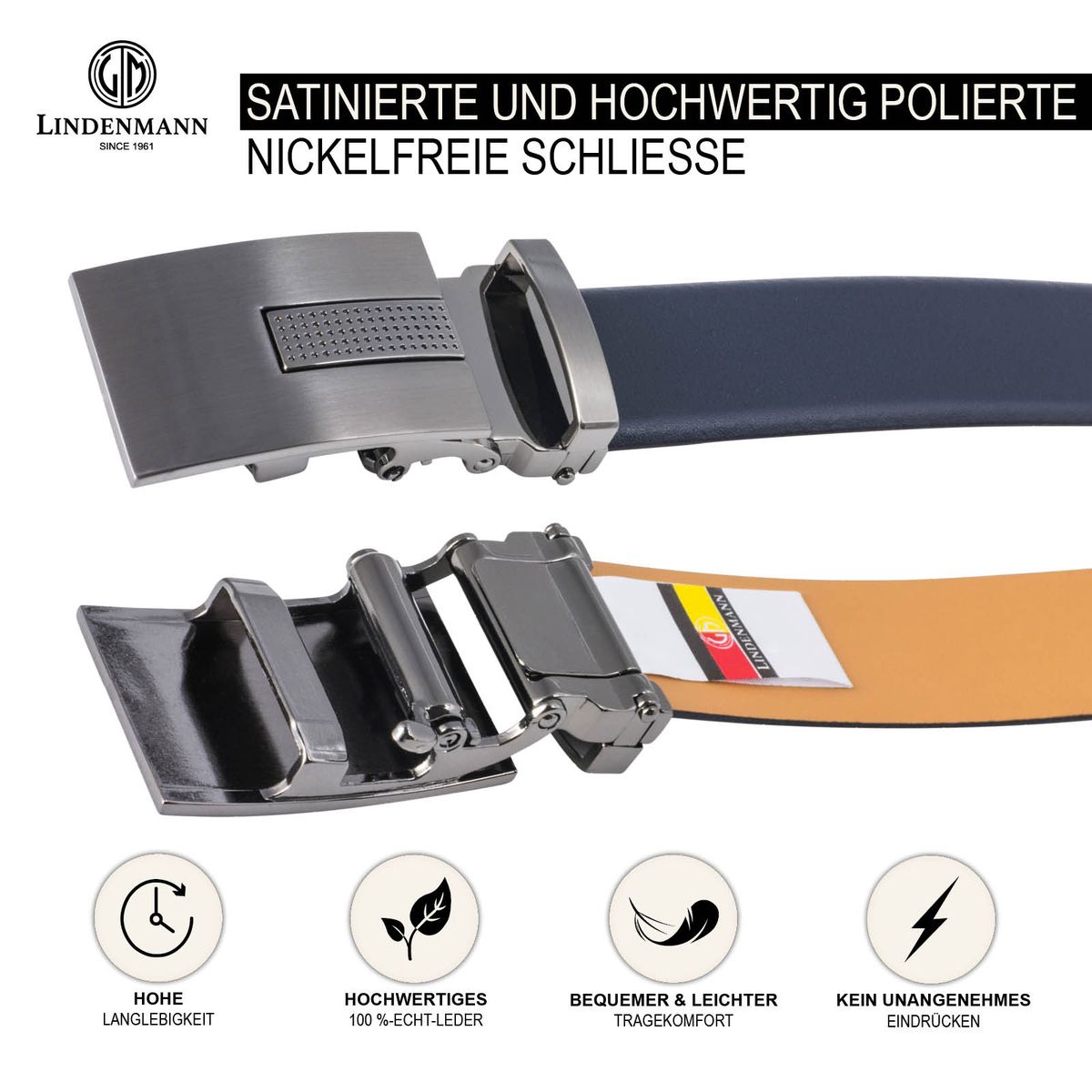 LINDENMANN Leder-Gürtel Automatik Herren 32 mm marine