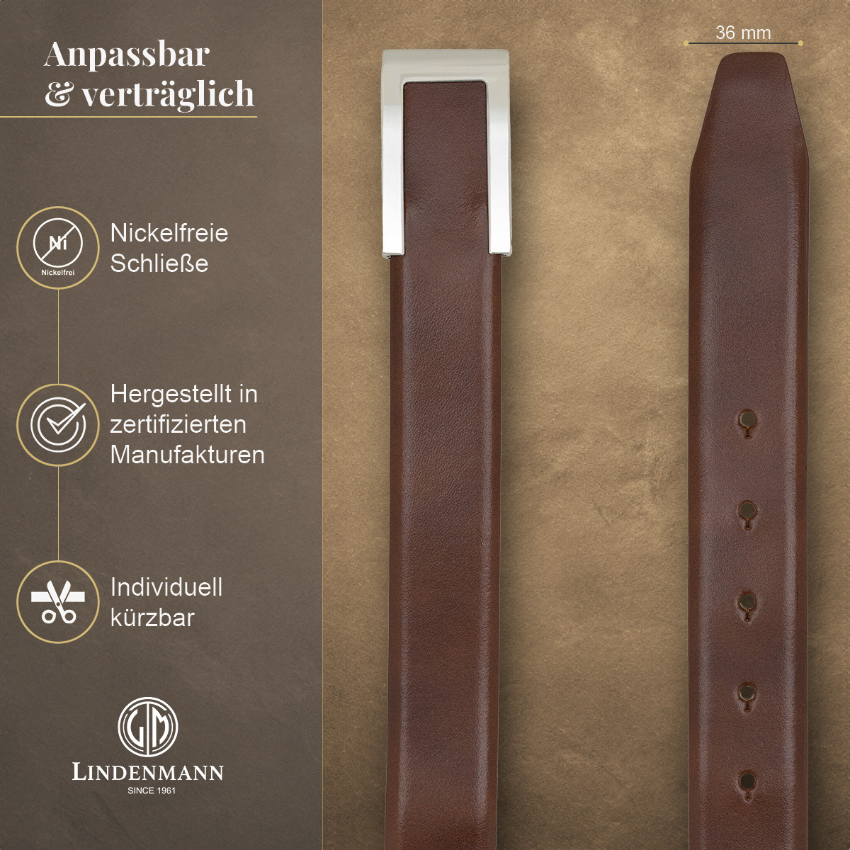 LINDENMANN Vollrindleder Herrengürtel Nussbraun