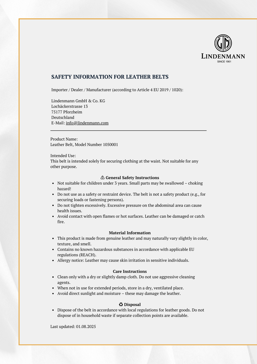 LINDENMANN Ledergürtel Sicherheitsinformationen