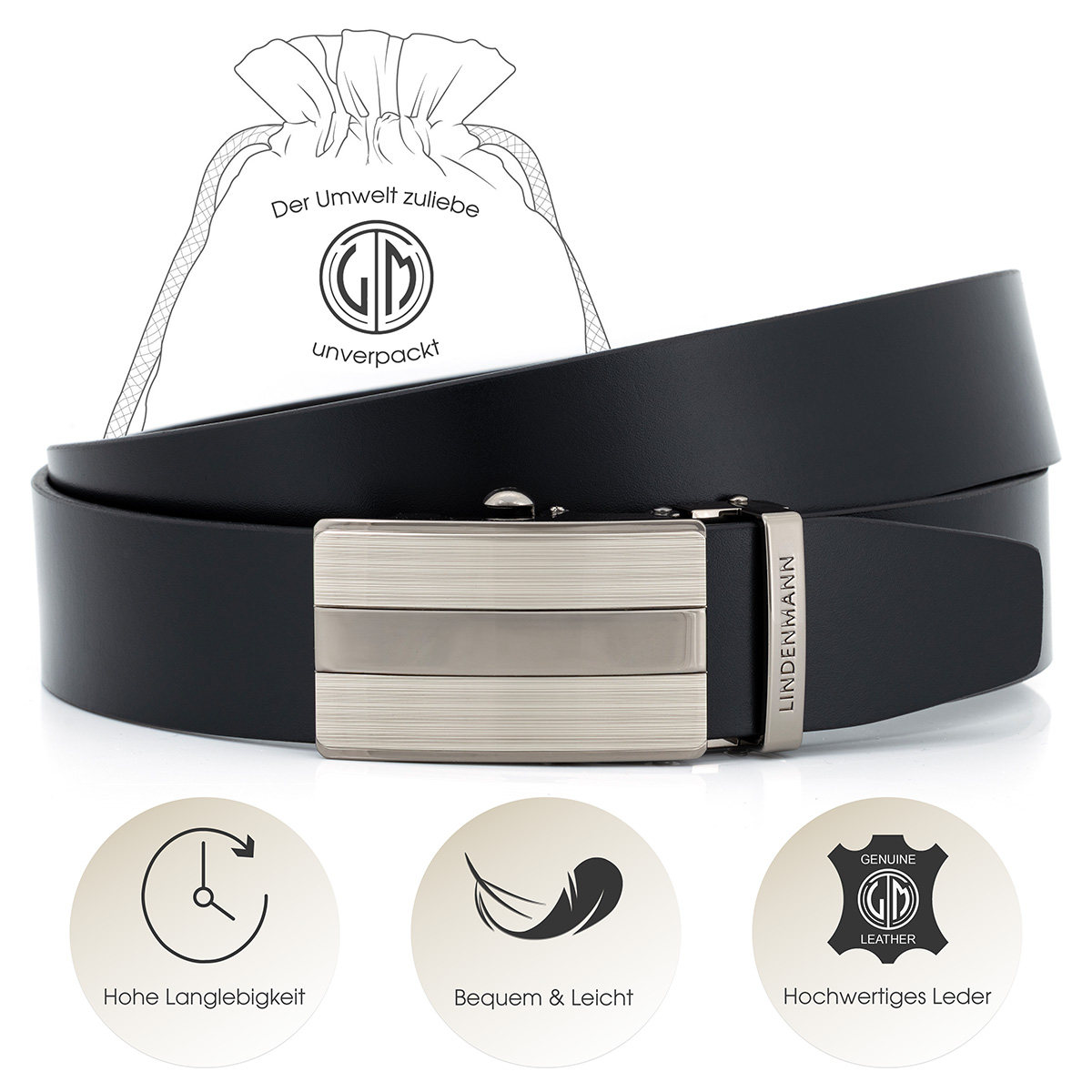 LINDENMANN Ledergürtel Automatikgürtel Herren schwarz