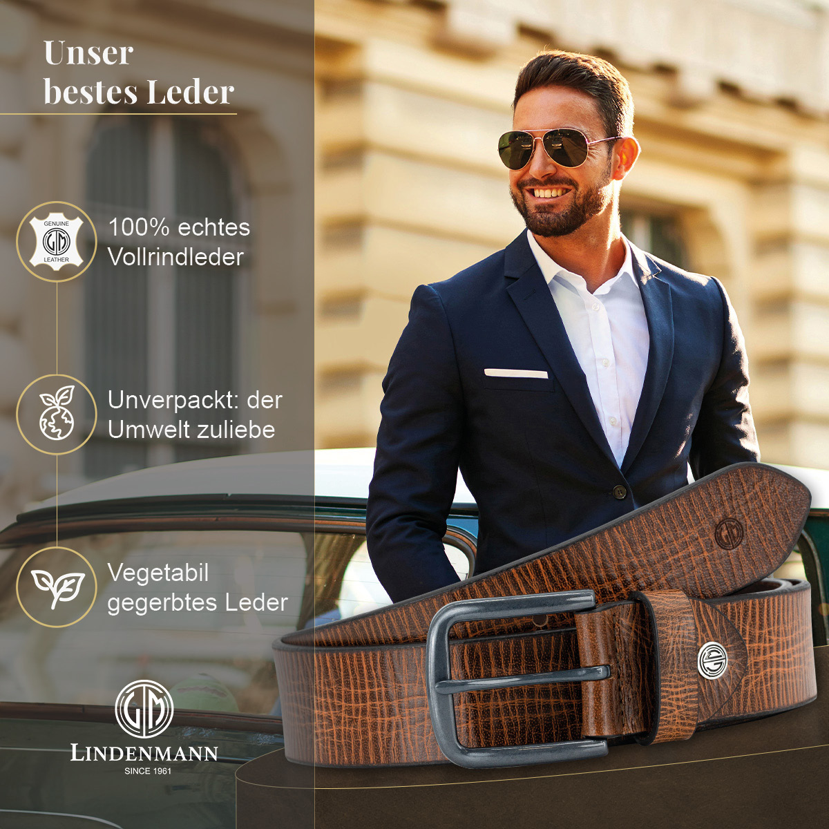 LINDENMANN Vollrindleder Herrengürtel Cognac