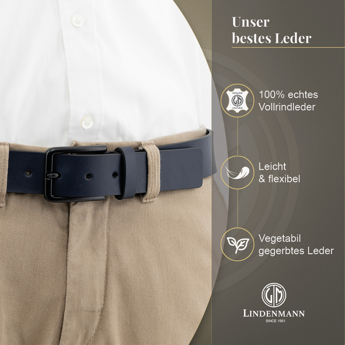 LINDENMANN Herren Jeansgürtel Echtleder marine