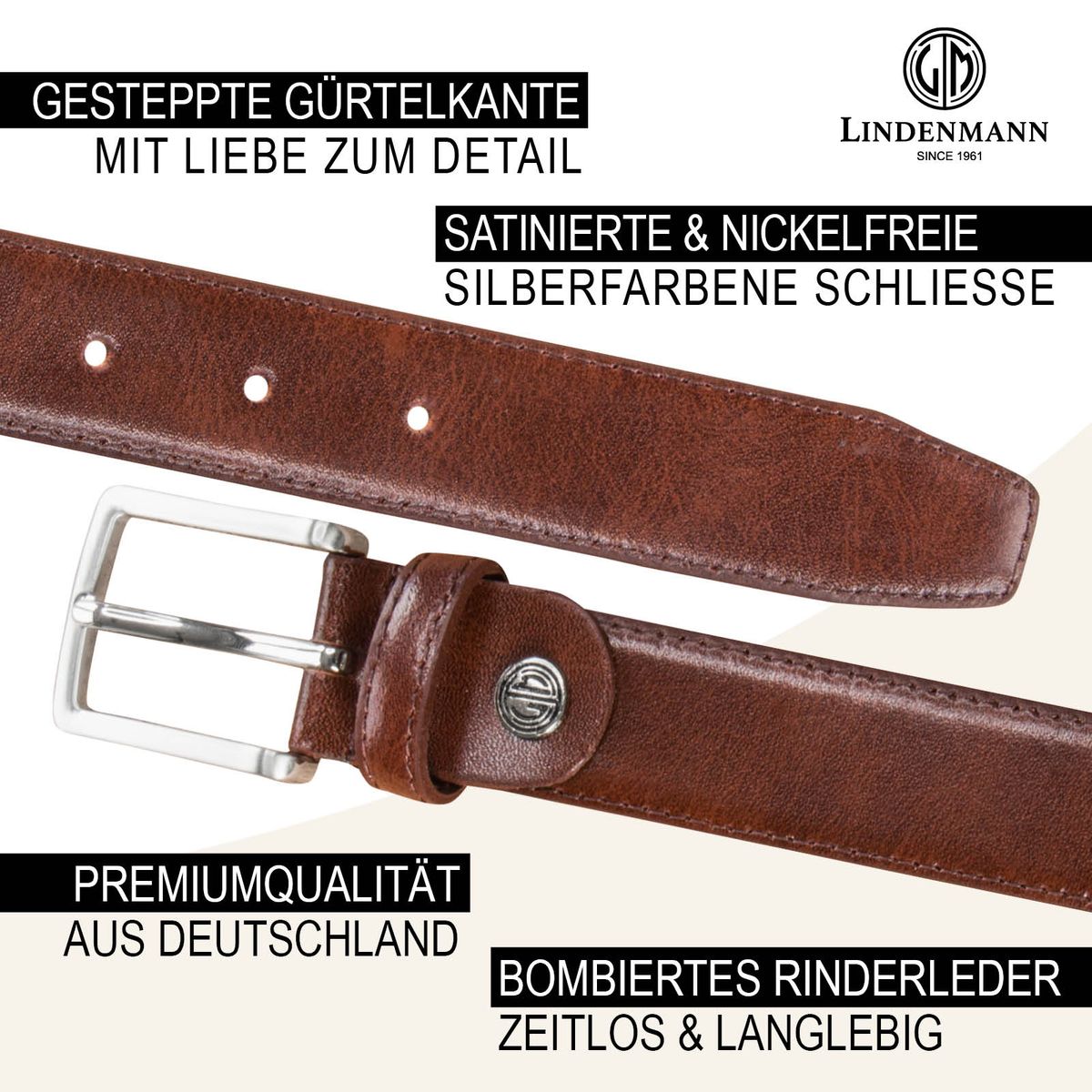 LINDENMANN Anzug-Ledergürtel Herren 35 mm Vollrind braun