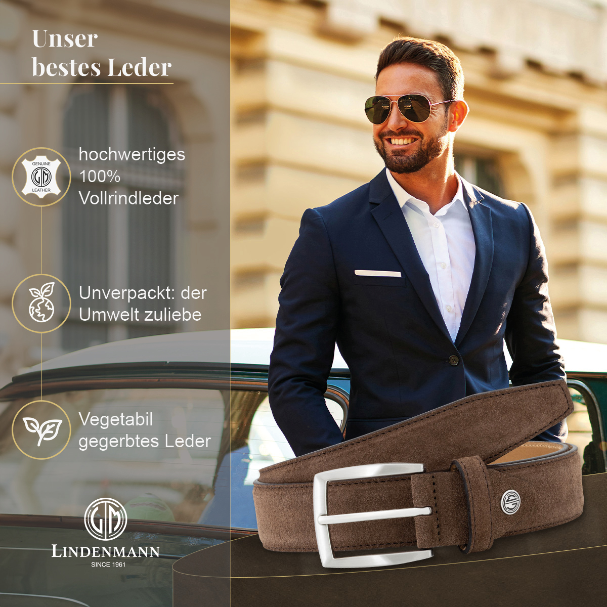 LINDENMANN Herrengürtel aus 100% Velours-Vollrindleder dunkelbraun