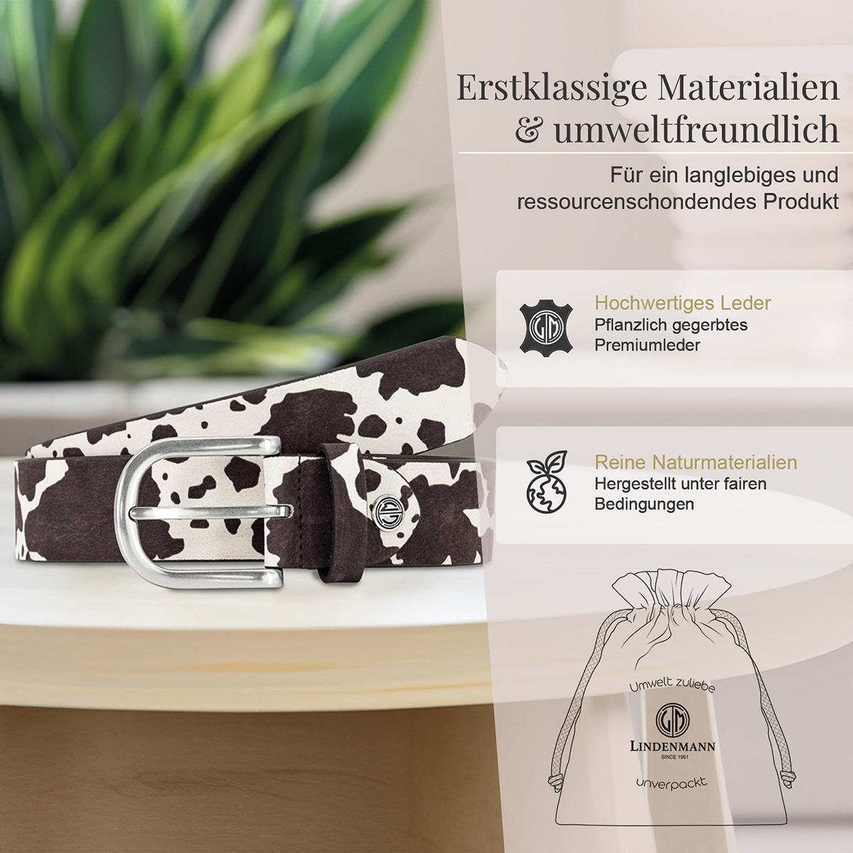 LINDENMANN Animal-Print Damengürtel aus 100% Echtleder braun-weiß