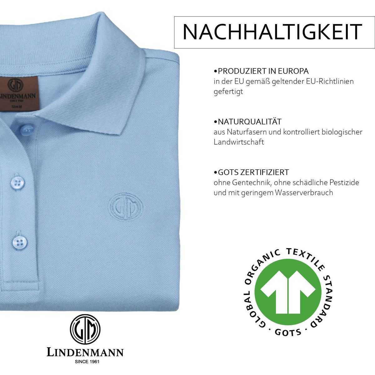 LINDENMANN Poloshirt Damen slim fit kurzarm hellblau Bio Baumwolle Made in EU