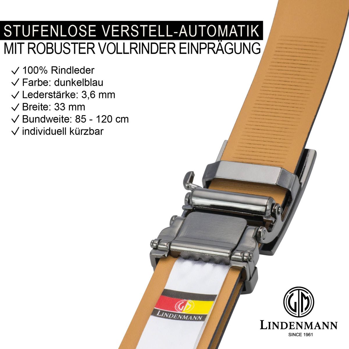 LINDENMANN Leder-Gürtel Automatik Herren 32 mm marine