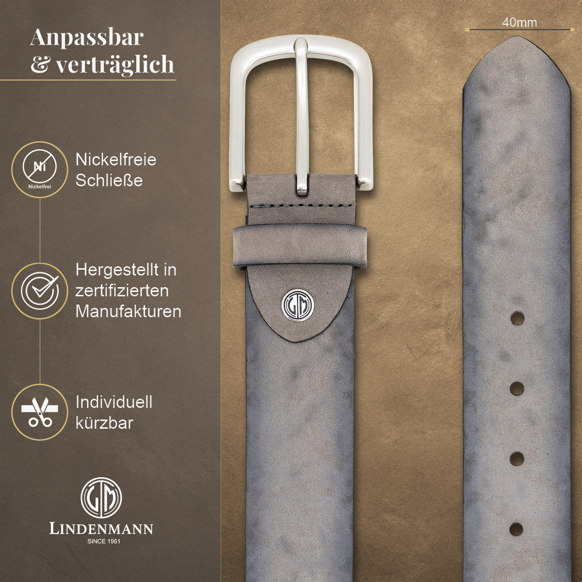 LINDENMANN Herrengürtel aus 100% Vollrindleder grau