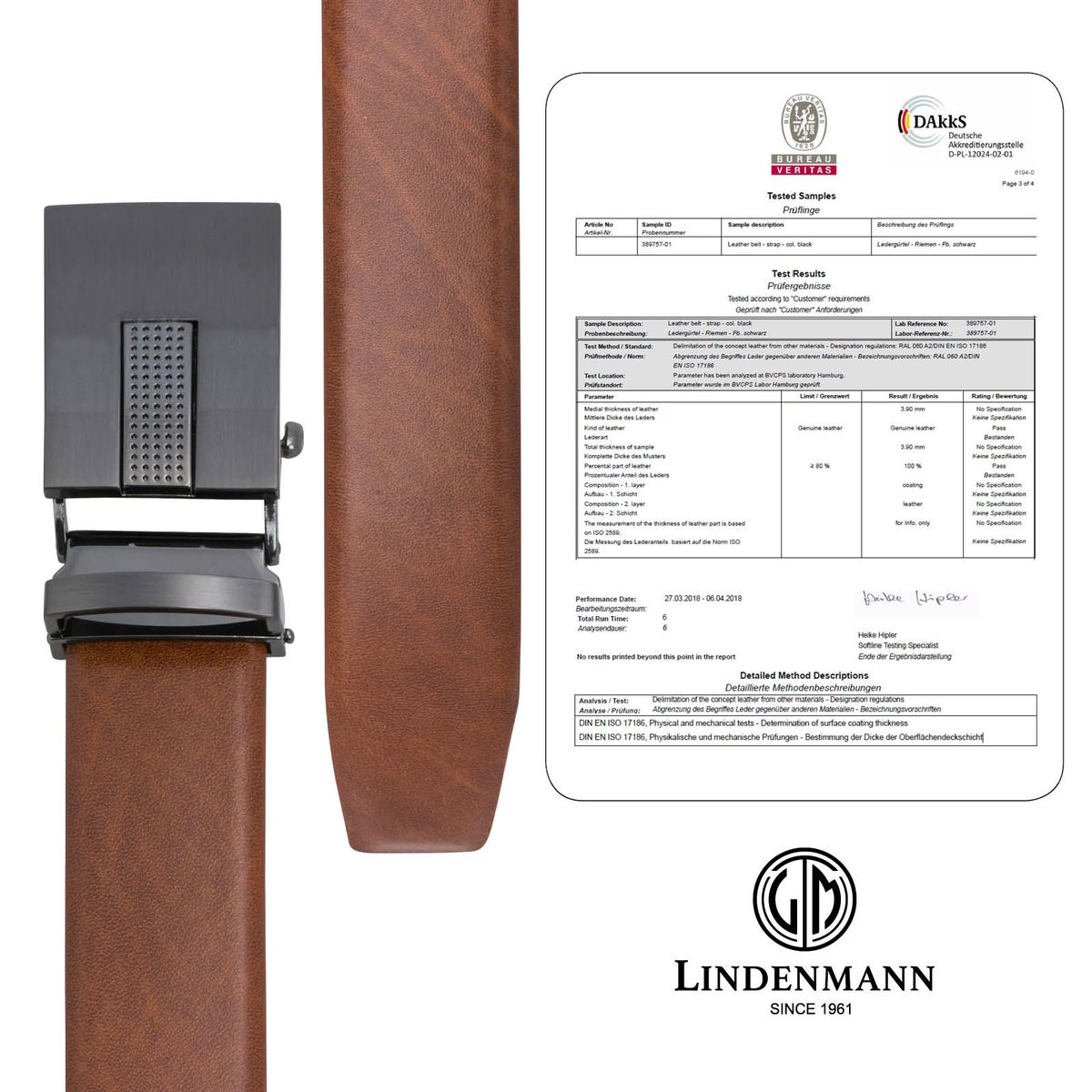 LINDENMANN Leder-Gürtel Automatik Herren 32 mm cognac