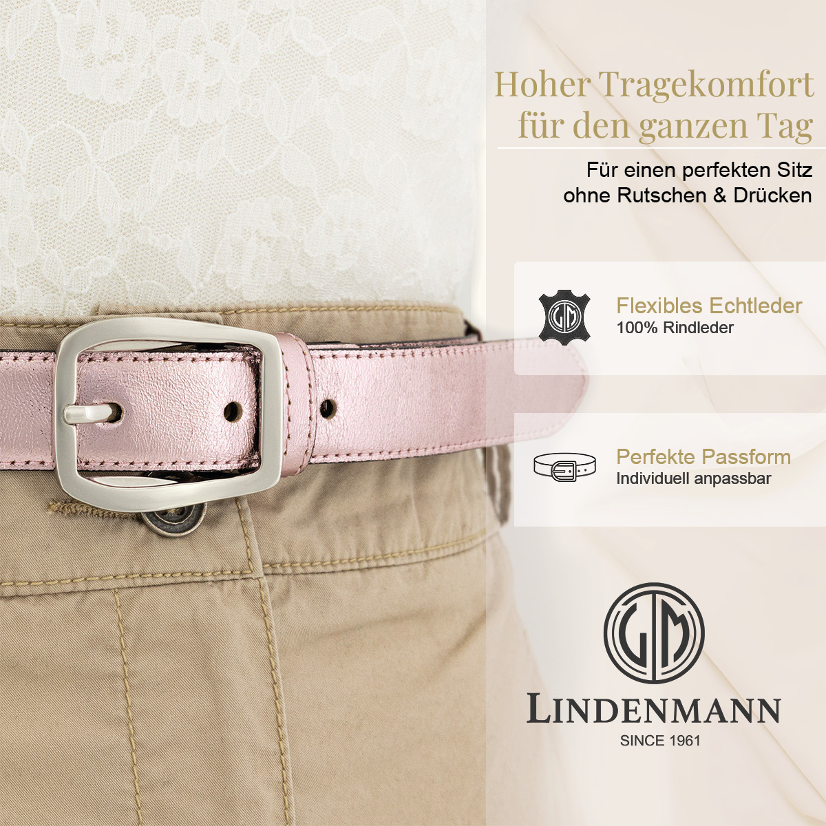LINDENMANN Rindleder Damengürtel Rosa Metallic