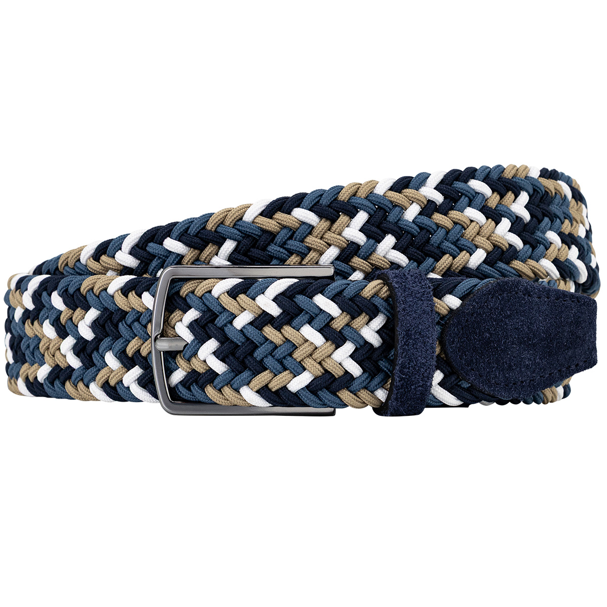 Gürtel, Geflecht, Zwei- bis dreifarbiger, Textilgürtel, Metall Schnalle, LINDENMANN Herren Flechtgürtel mit Echtleder an den Enden mehrfarbig: marine, taupe, weiß