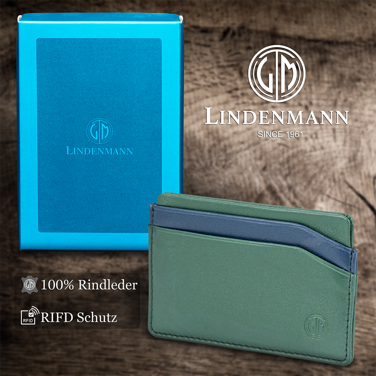 LINDENMANN Leder-Cardholder grün blau