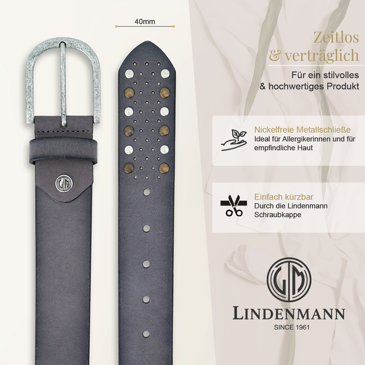 LINDENMANN Vollrindsleder Damengürtel Urbanes Grau