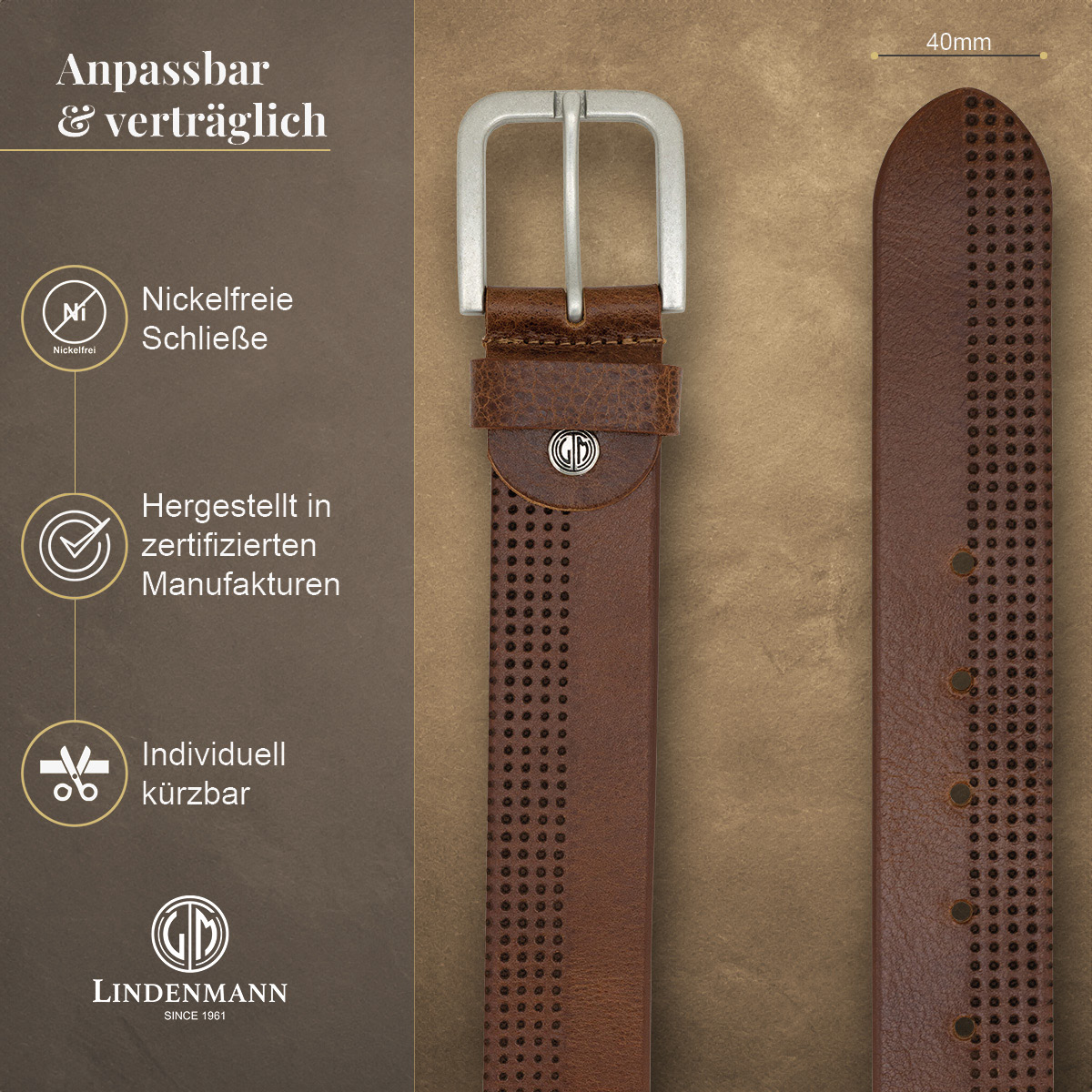 Zubehor, Riemen, Gürtel, LINDENMANN Vollrindledergürtel Herren Nussbraun