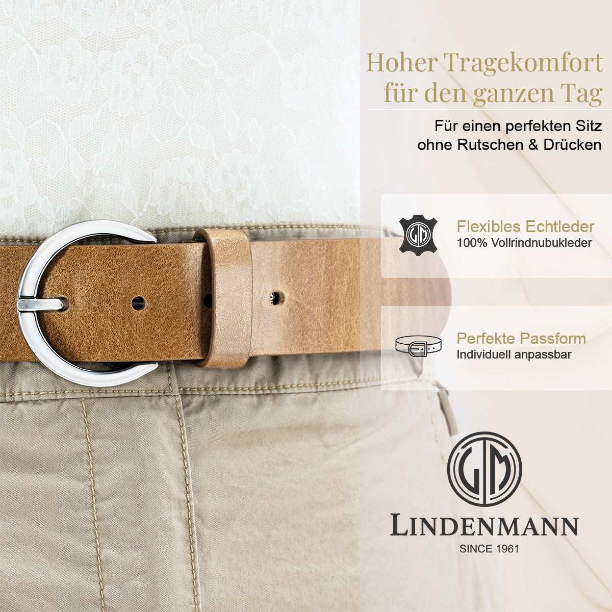 LINDENMANN Vollrindleder Damengürtel taupe LINDENMANN Vollrindledergürtel Damen taupe
