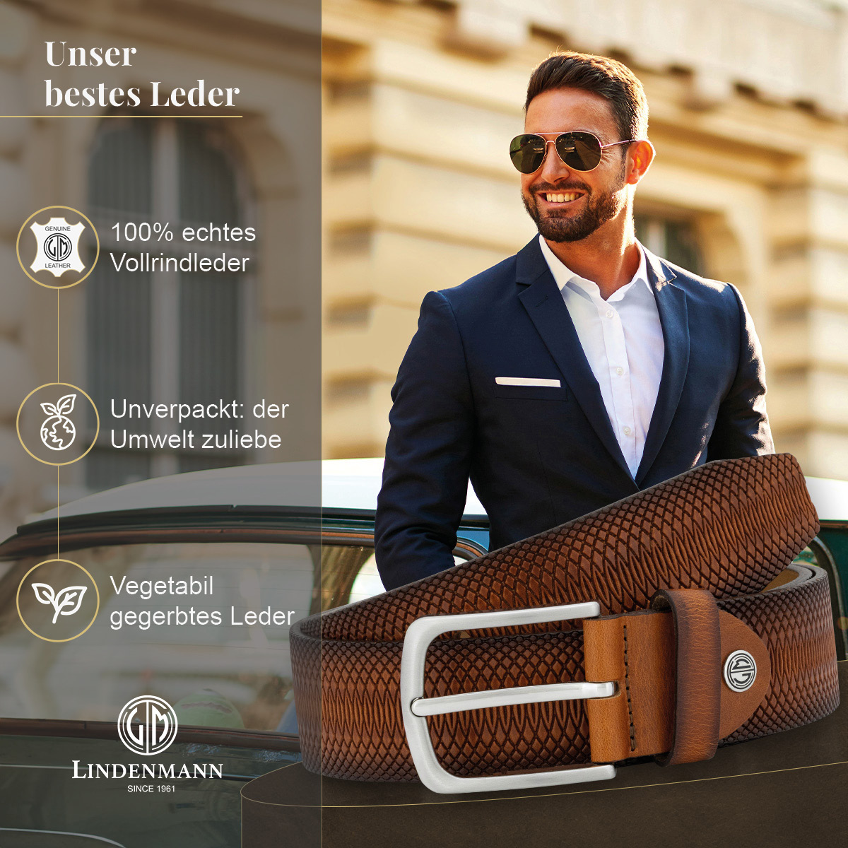 LINDENMANN Vollrindledergürtel Herren Cognac