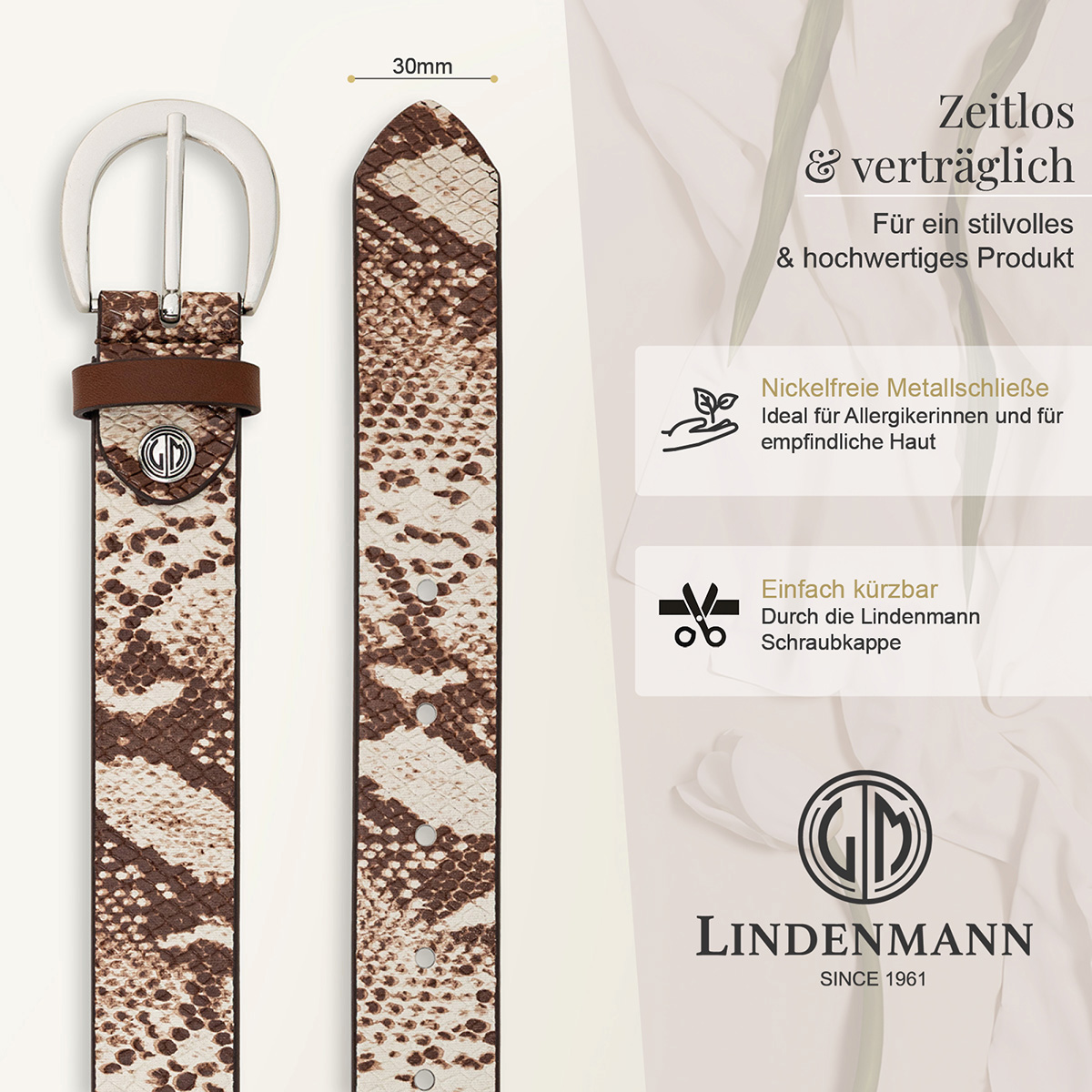 Gürtel, Ledergürtel, Snake-Print, Braun, MetallSchließe, LINDENMANN Damen Echtledergürtel braun weiß