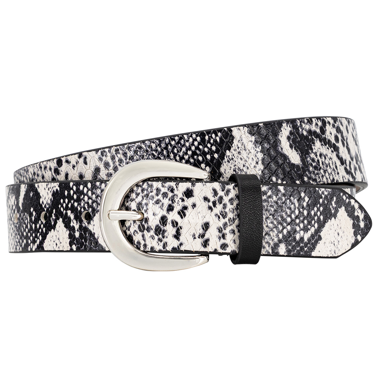 Gürtel, Snake-Print, Lederoptik, Schwarz-Weiß, Schnalle, LINDENMANN Damen Echtledergürtel schwarz weiß