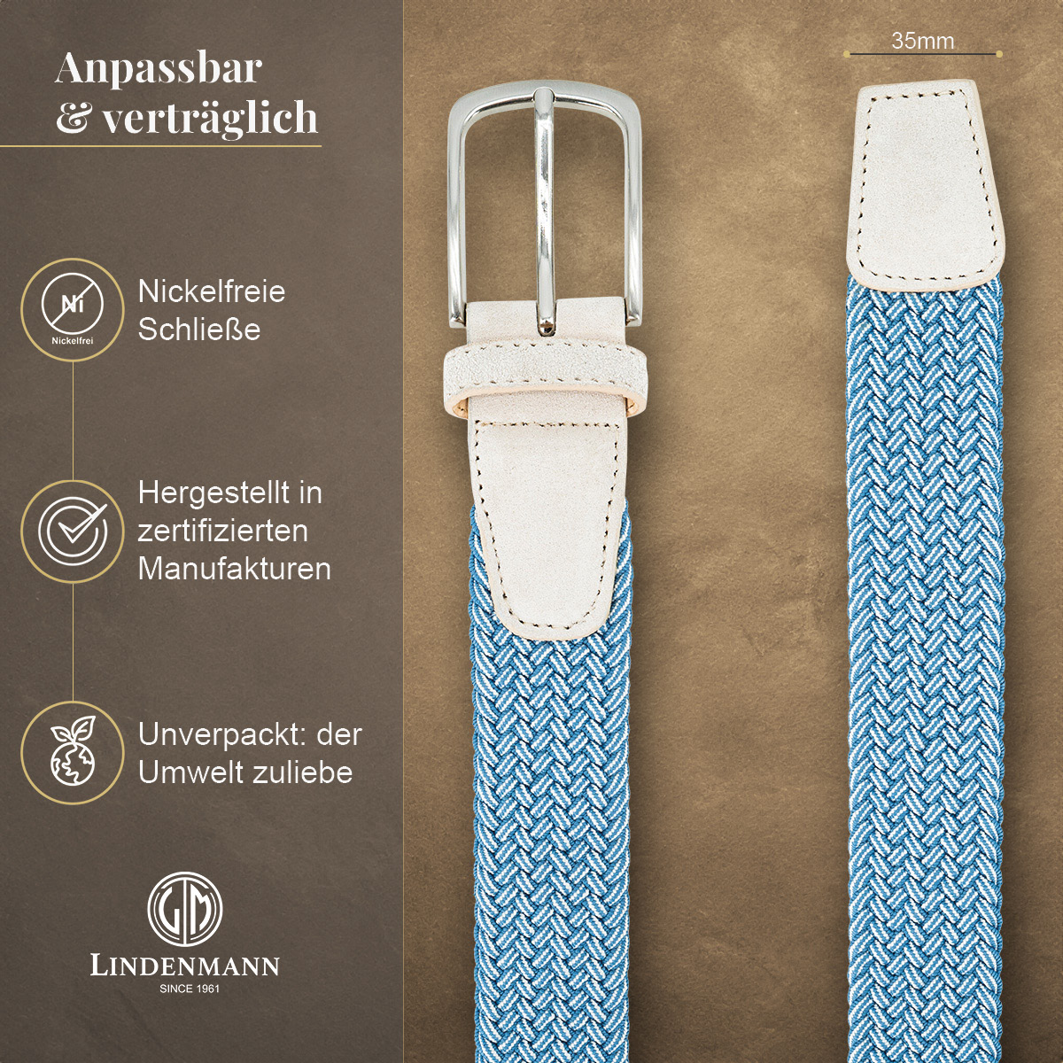 Zubehor, Riemen, Gürtel, LINDENMANN Textilflechtgürtel Herrengürtel Himmelblau