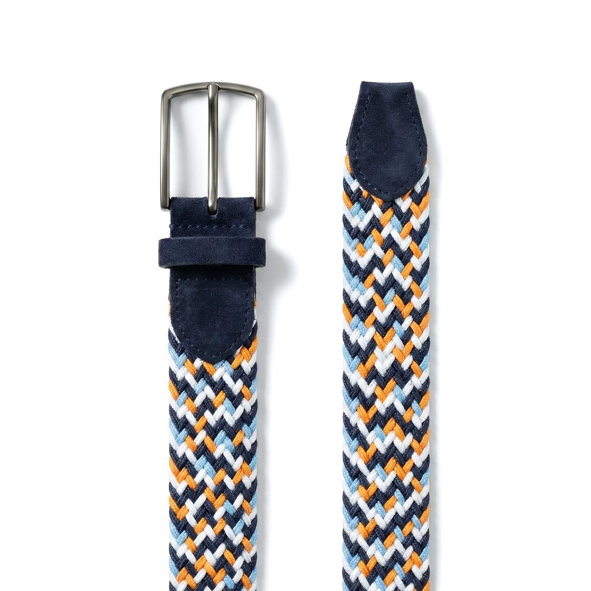 LINDENMANN Herren Flechtgürtell mit Echtlederenden mehrfarbig: marine, jeansblau, orange