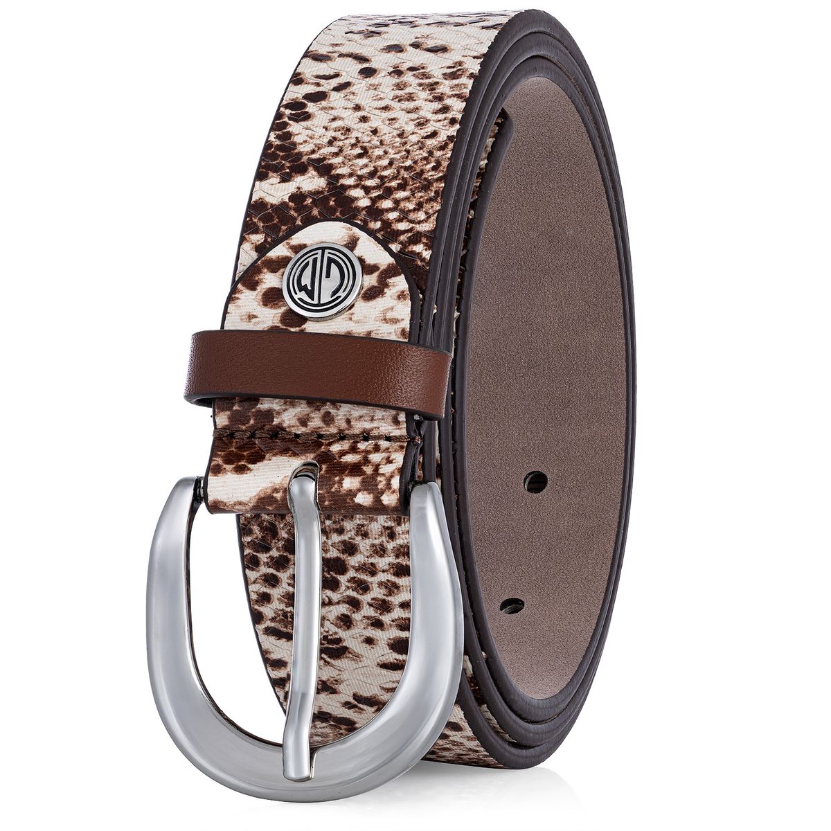 Gürtel, Lederriemen, Tiermuster, Metall-Schließe, Druckverschluss, LINDENMANN Damen Echtledergürtel braun weiß