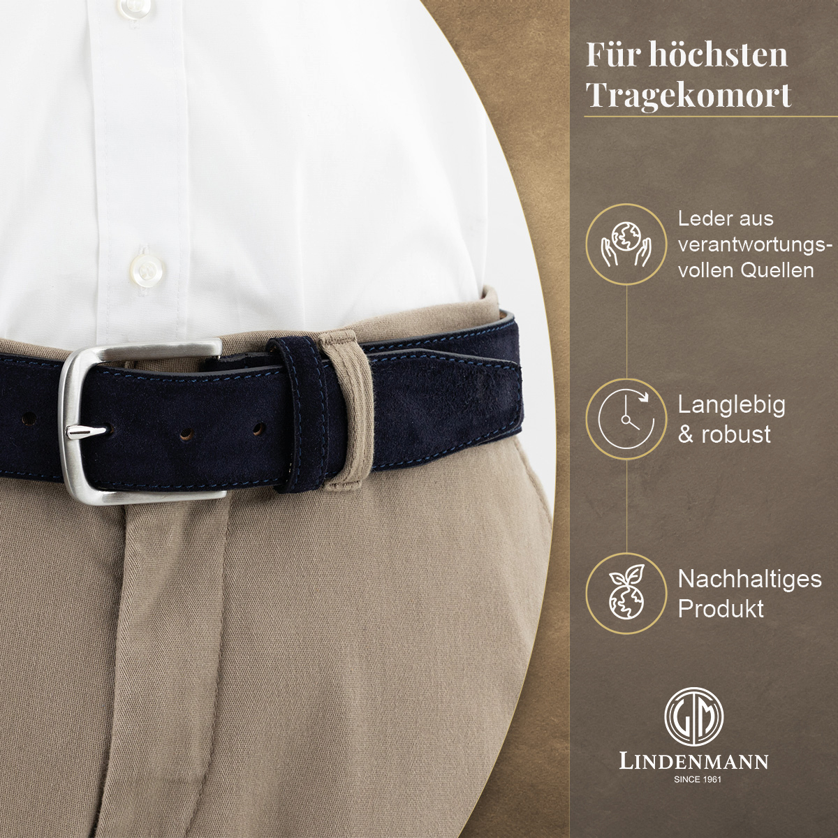 LINDENMANN Herrengürtel aus 100% Velours-Vollrindleder marine