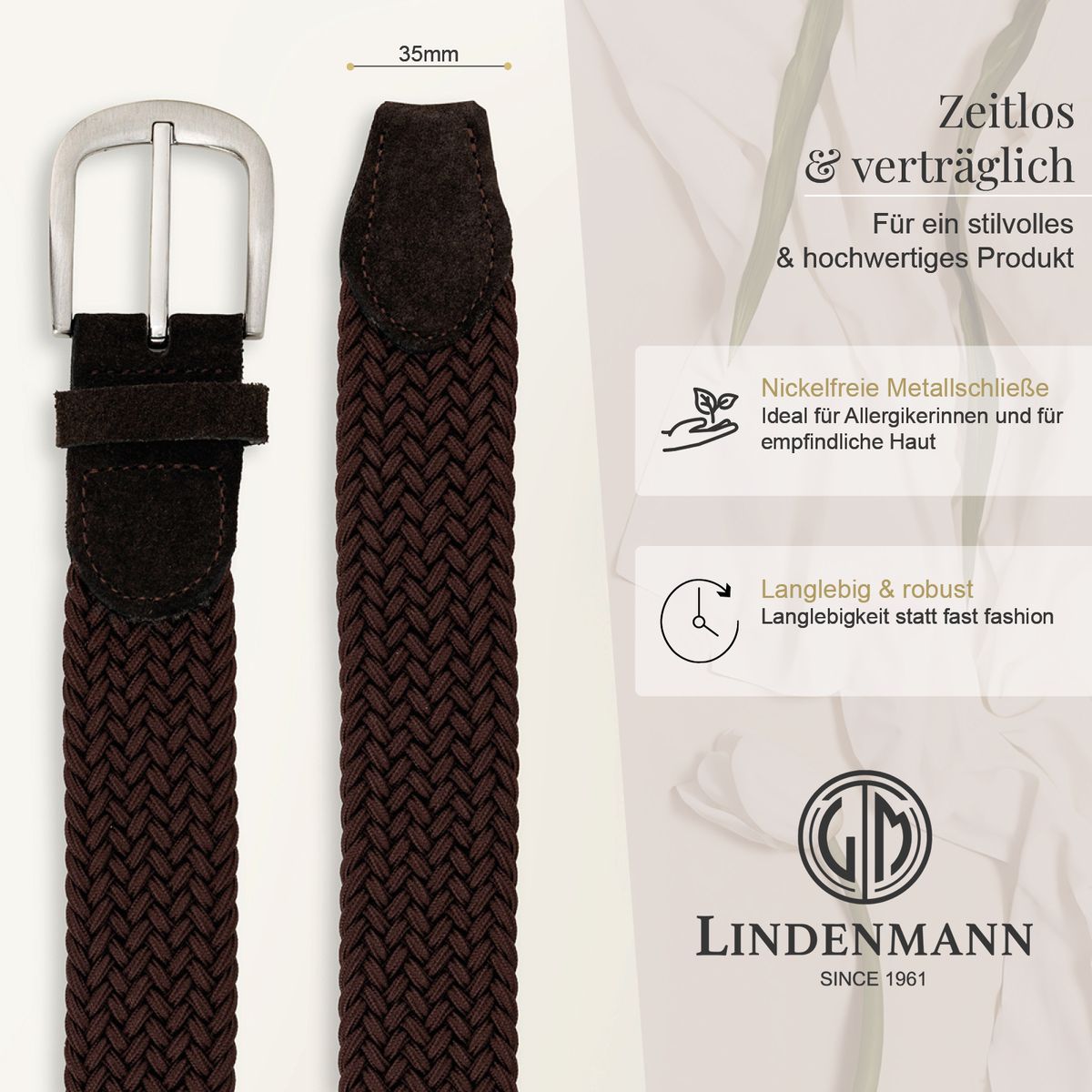 Gürtel, Ledergürtel, Braun, Geflochten, Metall Schnalle, LINDENMANN Damen Flechtgürtel mit 100% echtem Rindleder an den Enden dunkelbraun