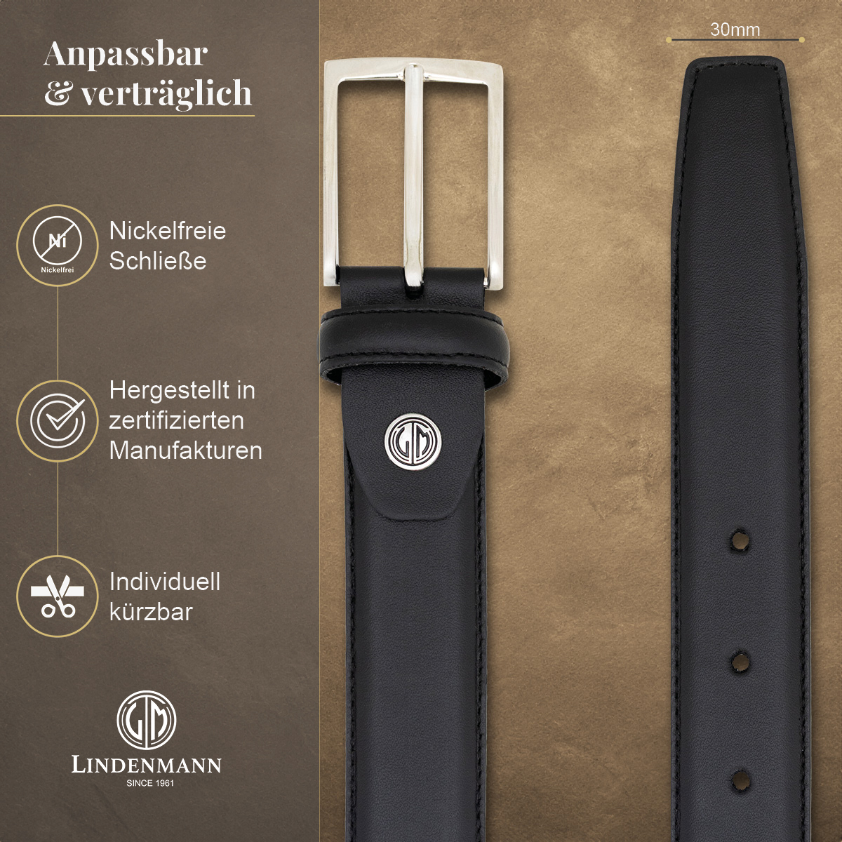 LINDENMANN Herrengürtel aus 100% Vollrindleder schwarz