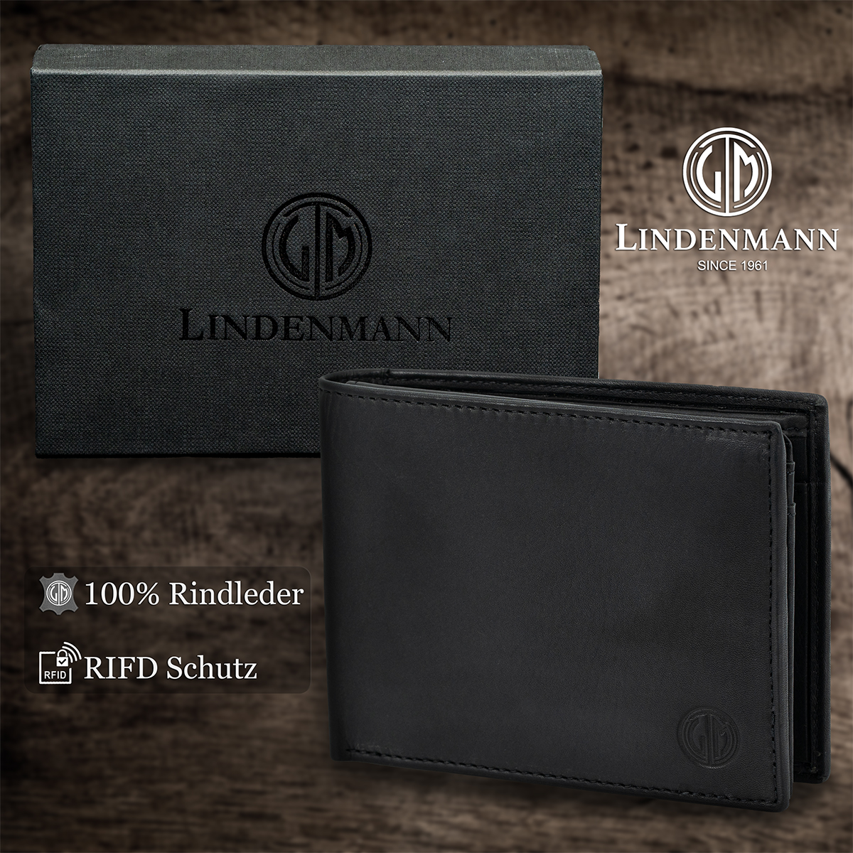 LINDENMANN Herren Leder Portemonnaie schwarz