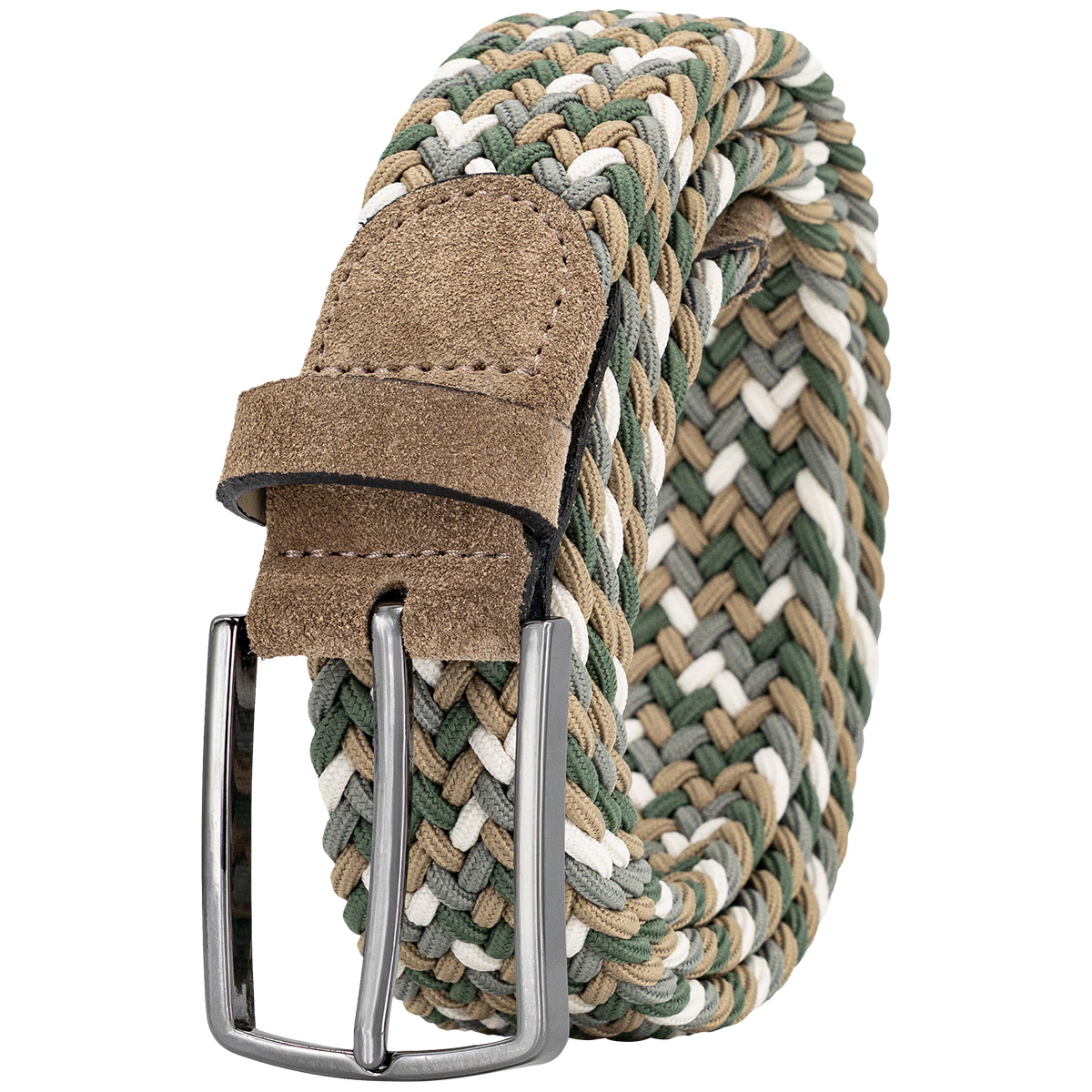 Gürtel, Gurtband, Kunstleder, Geflochten, Multicolor, LINDENMANN Herren Flechtgürtel mit Echtleder an den Enden mehrfarbig: taupe, olivgrün, weiß