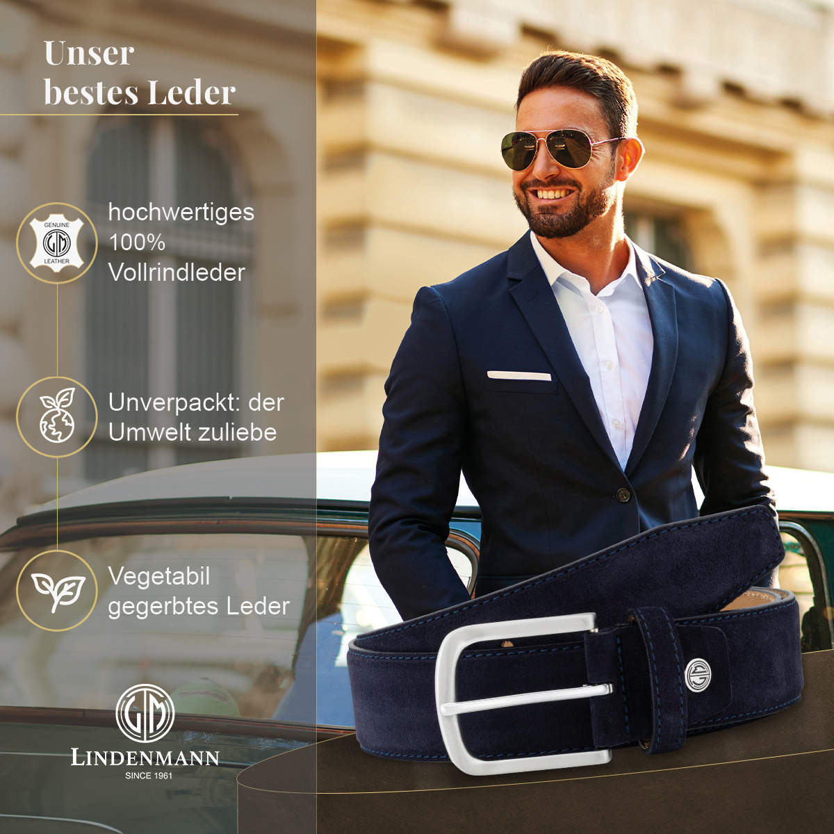 LINDENMANN Herrengürtel aus 100% Velours-Vollrindleder marine