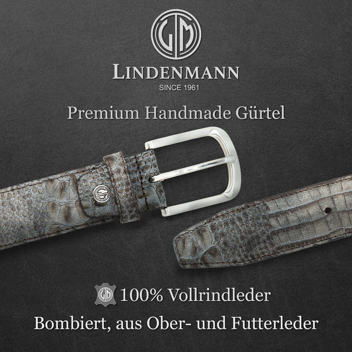 LINDENMANN Premium Gürtel Handmade in EU Vollrindledergürtel 40 mm grau