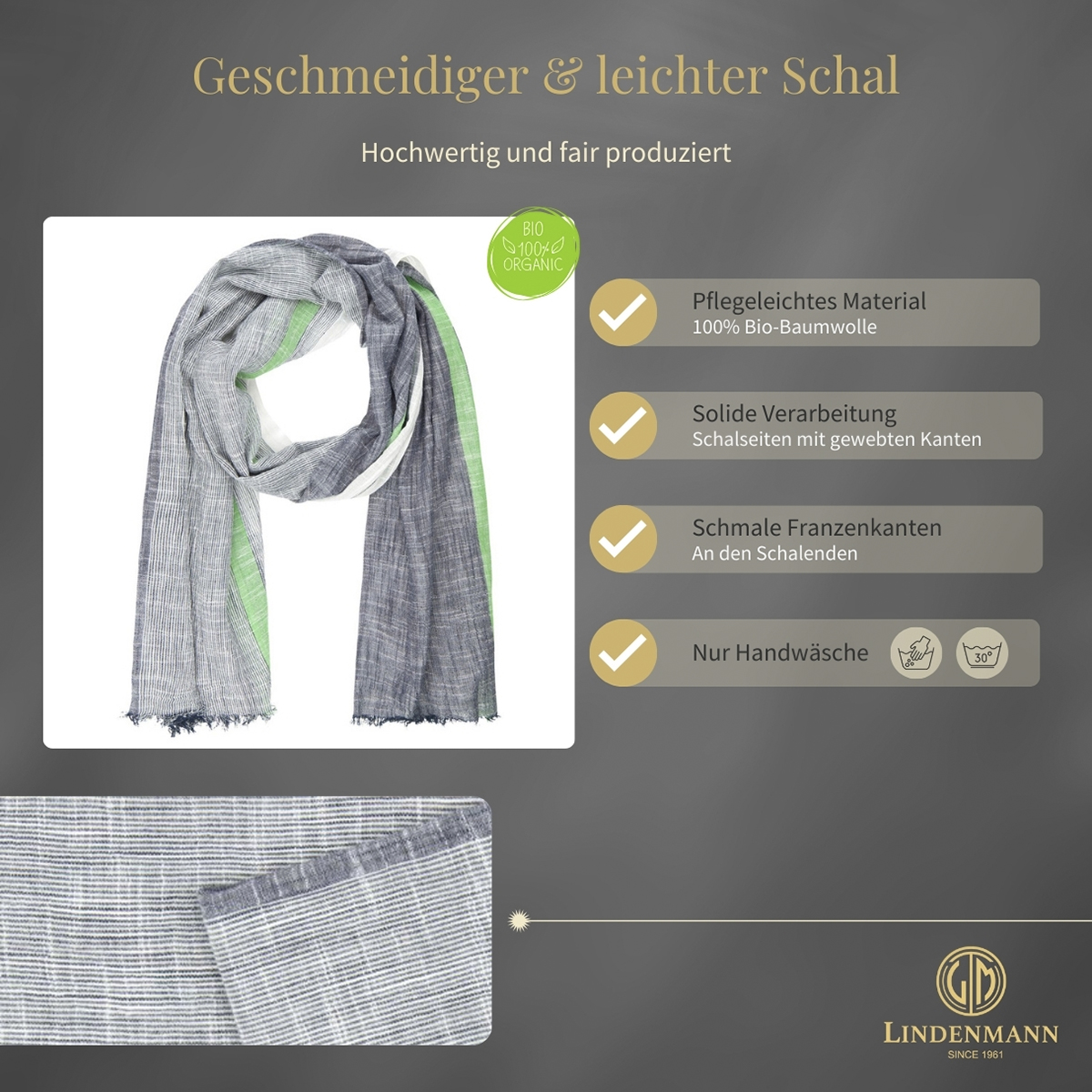 Herren Schal grau-grün 100% BIO-Baumwolle