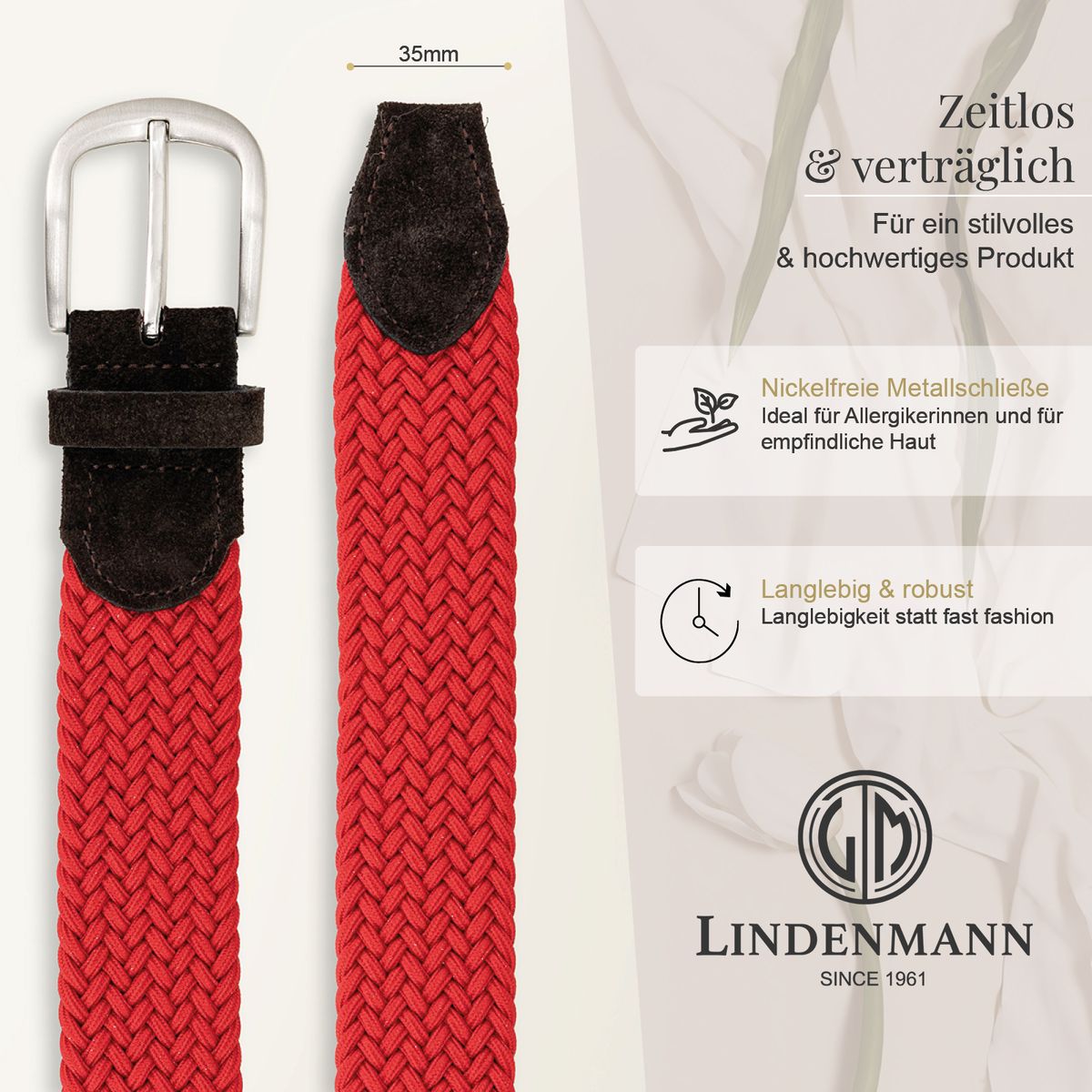 Gürtel, Rot, Schnürung, Metallschließe, Textilband, LINDENMANN Damen Flechtgürtel mit 100% echmte Rindleder an den Enden rot