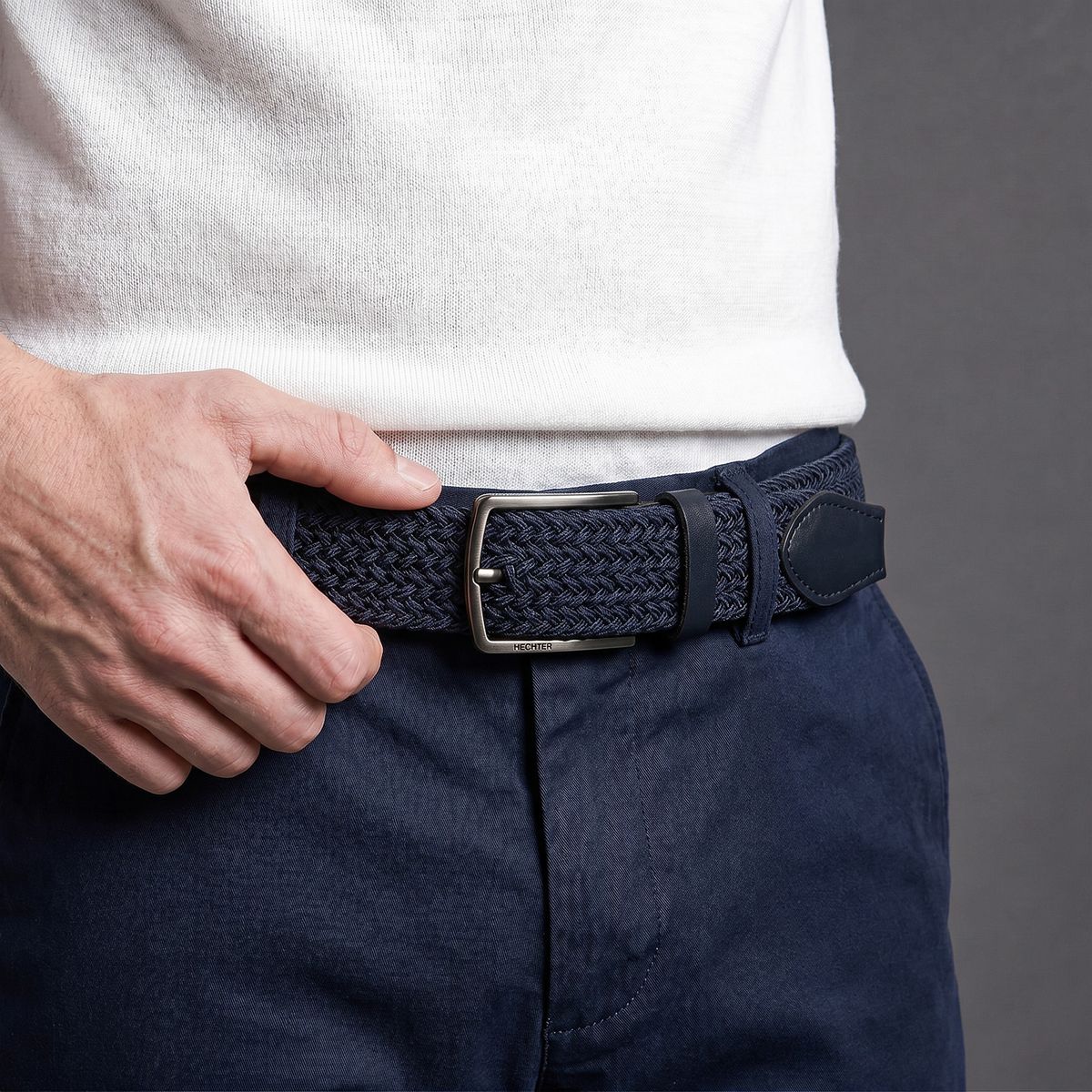 Gürtel, Weißes Oberteil, Navy Hose, Gewebter Gürtel, Metallschnalle, HECHTER Paris Herren Textil-Flechtgürtel mit 100% Echtlederenden marine