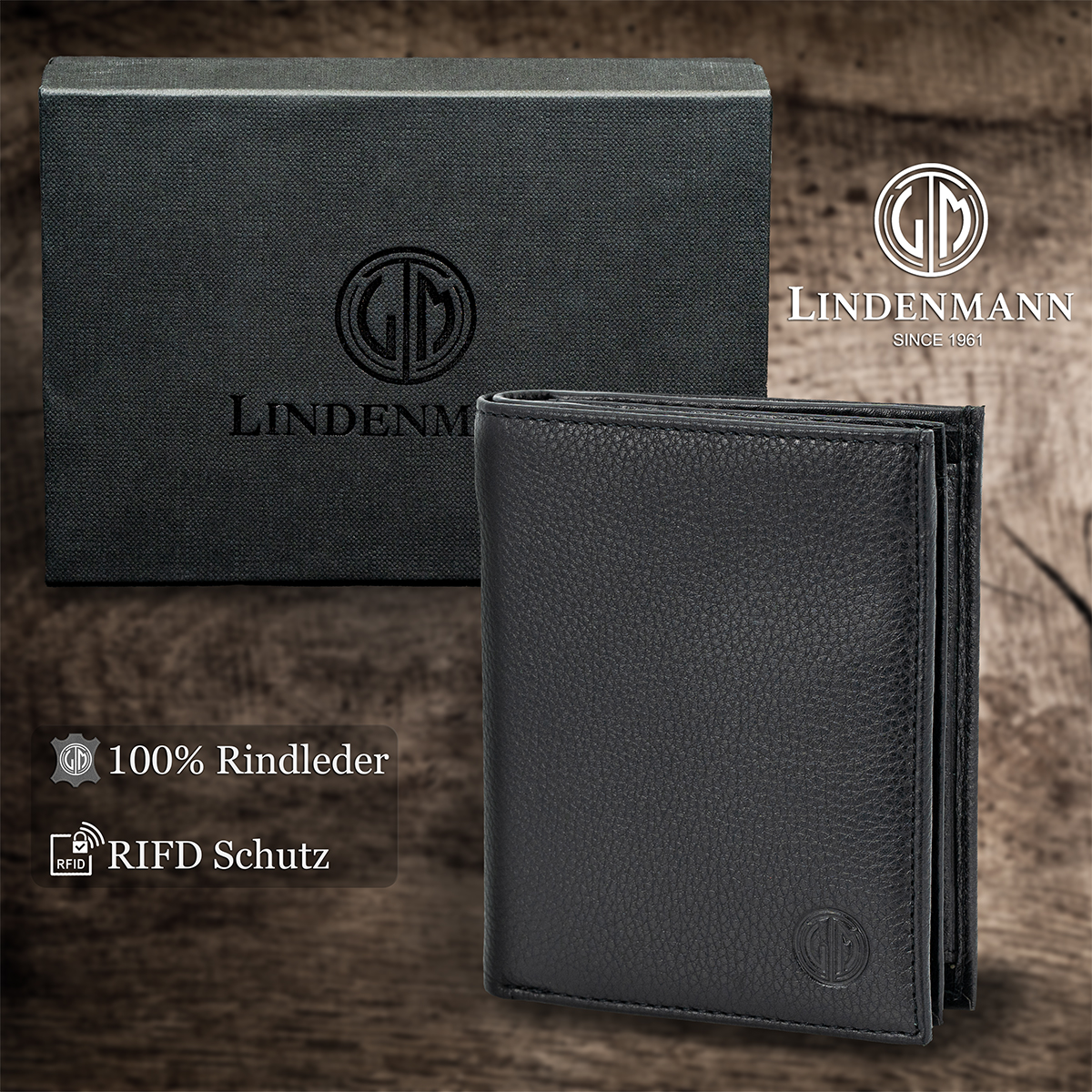 LINDENMANN Herren Leder Portemonnaie schwarz