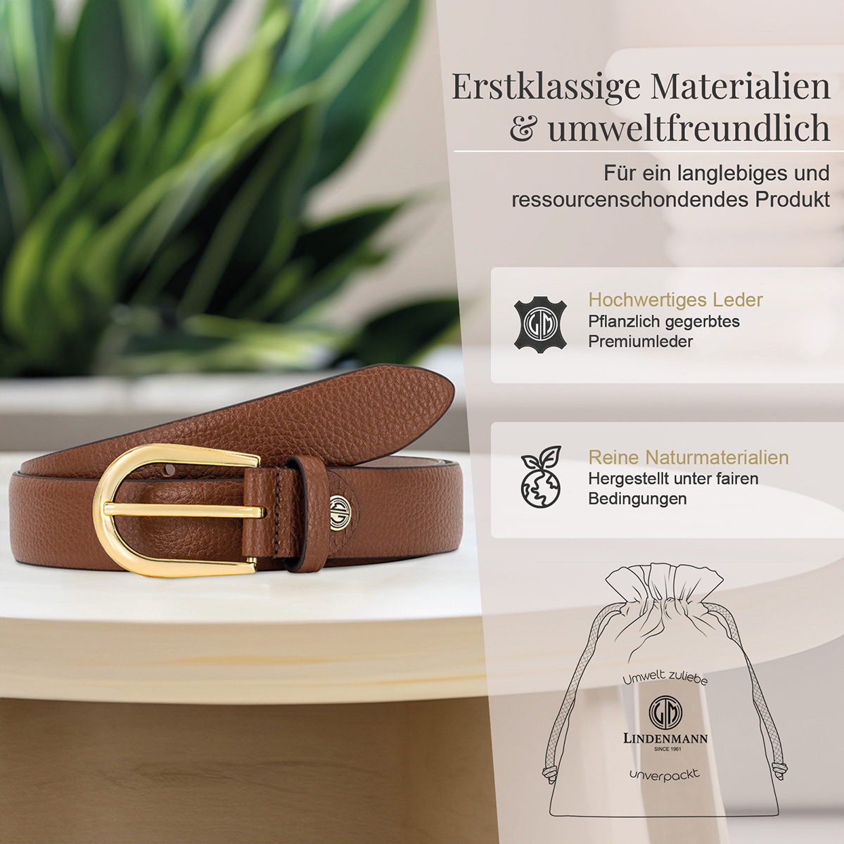 LINDENMANN Klassischer Damengürtel aus 100% Echtleder cognac