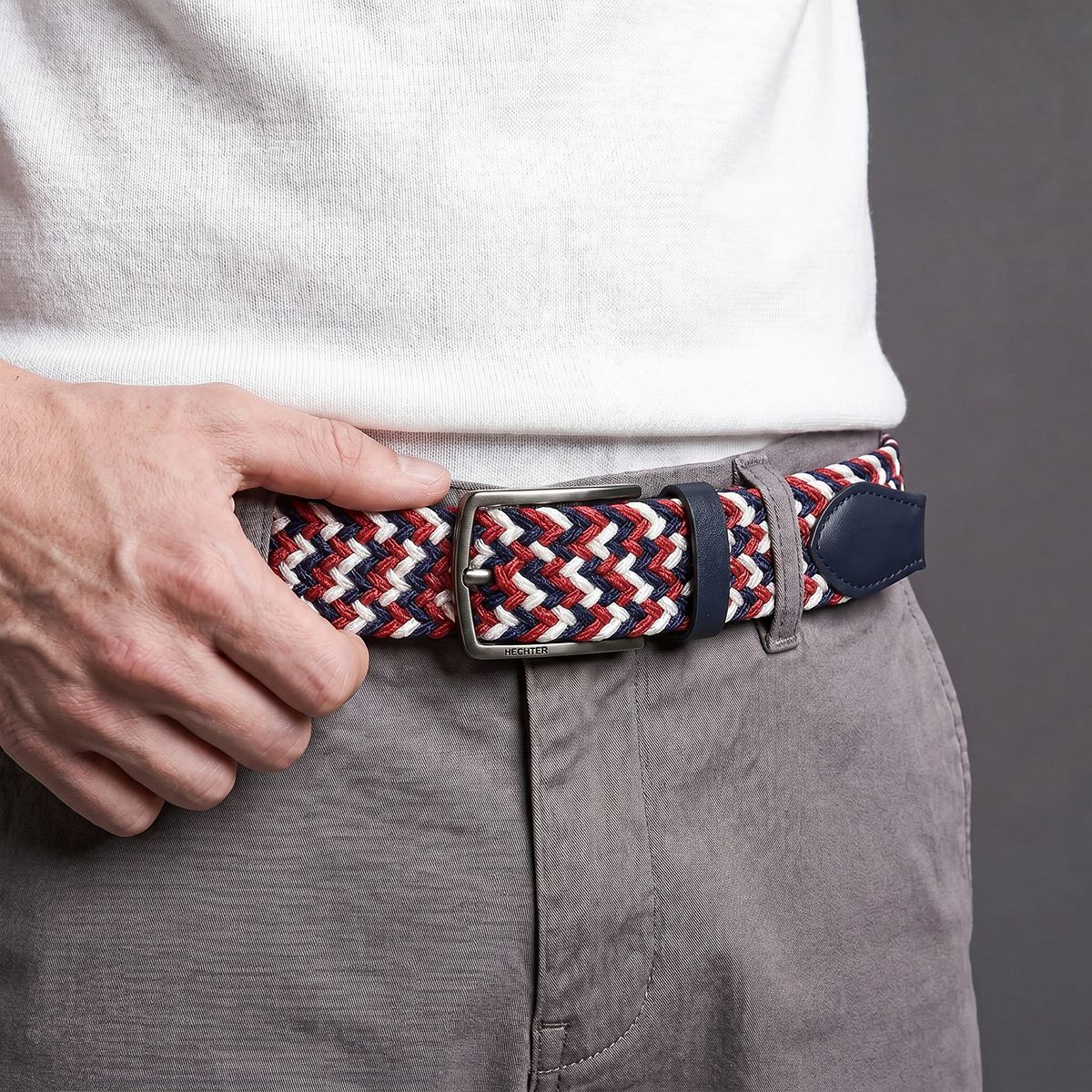 Gürtel, Gurtelmuster, Geflochtener Gürtel, Rot-Weiß-Blau Muster, Metall-Schnalle, HECHTER Paris Herren Textil-Flechtgürtel mit 100% Echtlederenden rot/weiss/marine