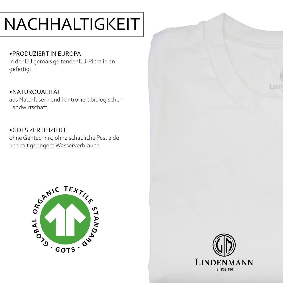 LINDENMANN T-Shirt Rundhalsausschnitt Bio-Baumwolle Herren Weiss