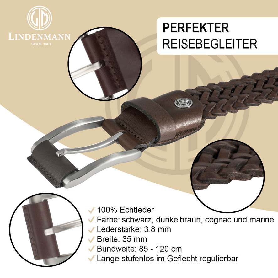 LINDENMANN Flecht-Leder-Gürtel Herren Jeans-Gürtel 35 mm