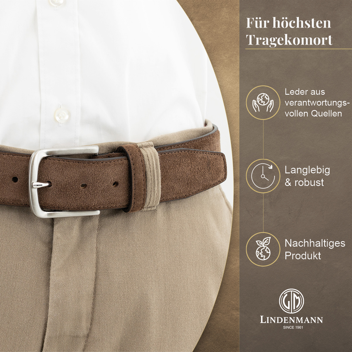 LINDENMANN Herrengürtel aus 100% Velours-Vollrindleder dunkelbraun