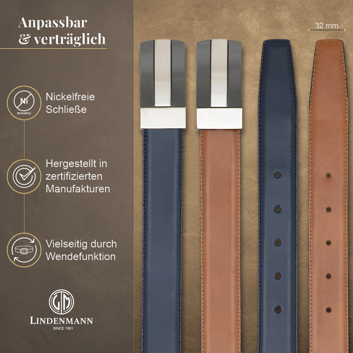 LINDENMANN Herrenwendegürtel mit Koppelschließe aus 100% Vollrindleder marine/cognac