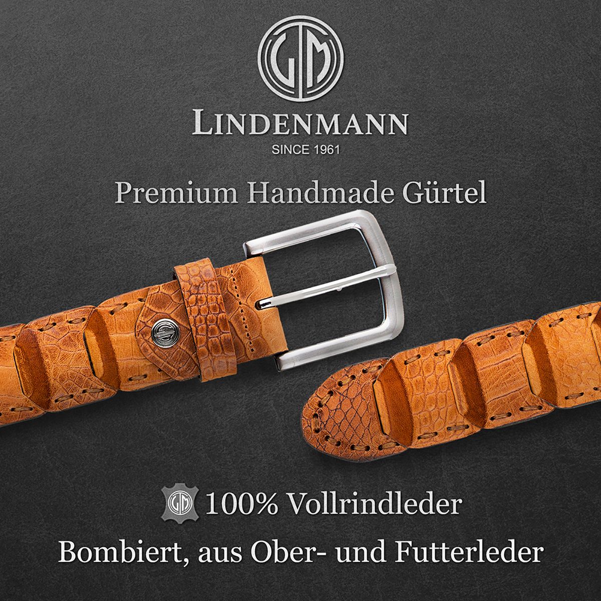 LINDENMANN Herren Ledergürtel Handmade cognac