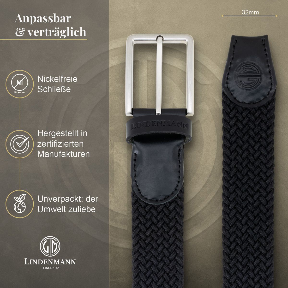 LINDENMANN Flechtgürtel Herren schwarz