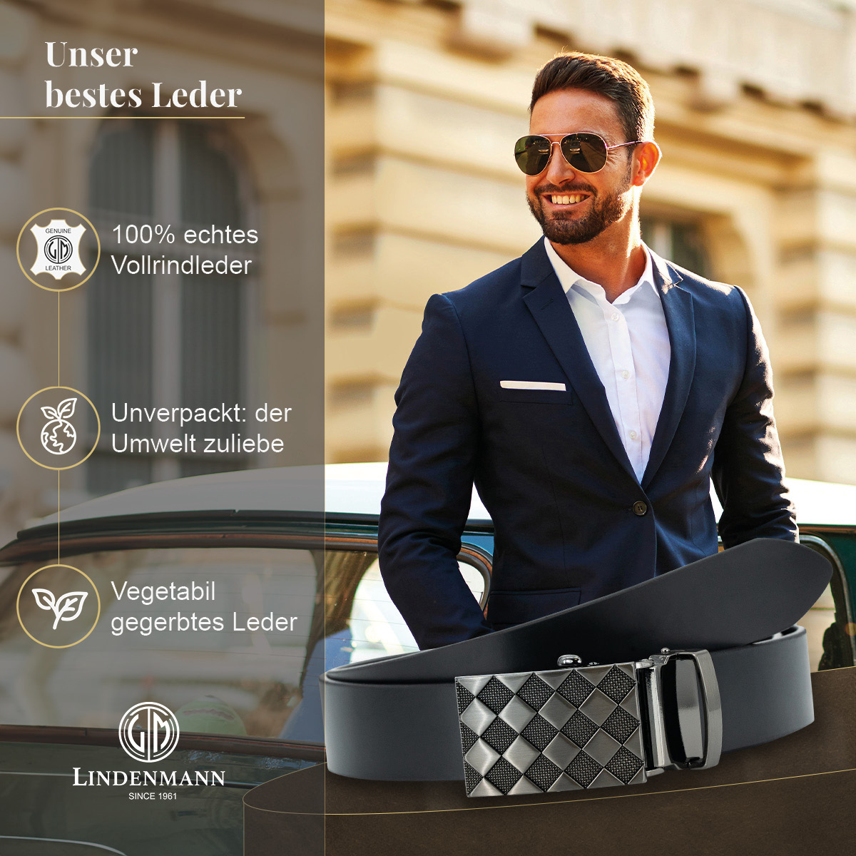 LINDENMANN Vollrindleder Herrenautomatikgürtel Onyx