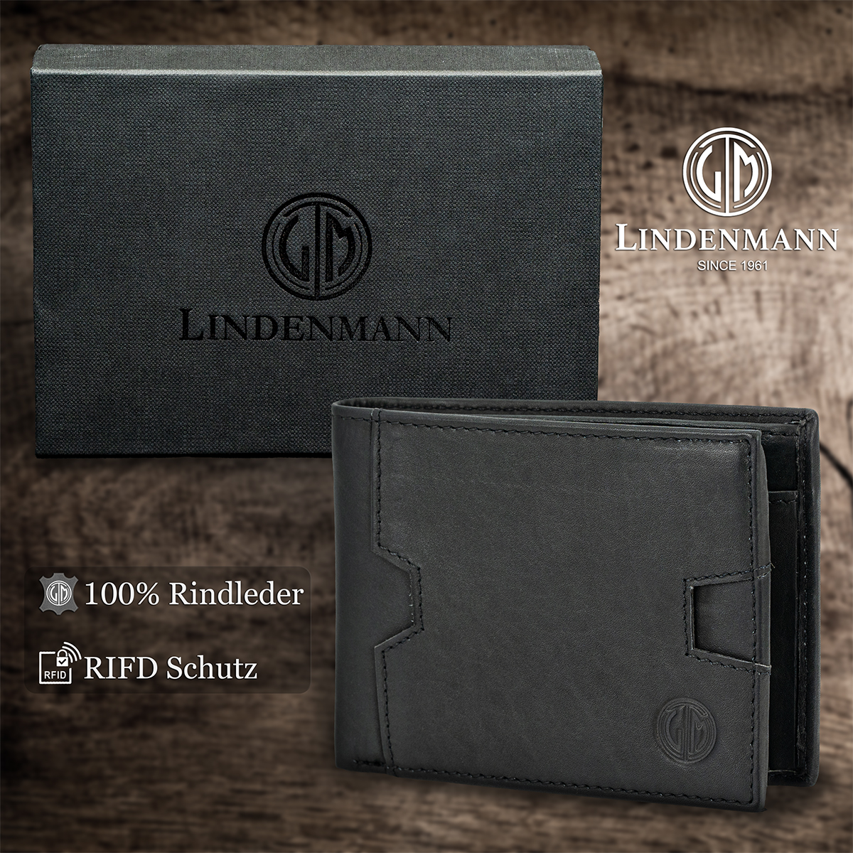 LINDENMANN Herren Leder Portemonnaie schwarz